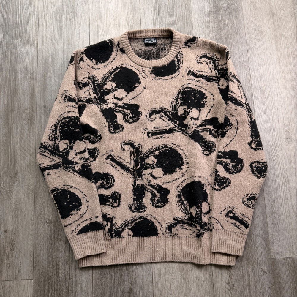 Y2K RGSTR Skull Knit Sweater L Beige Black All Over Print Crewneck Streetwear